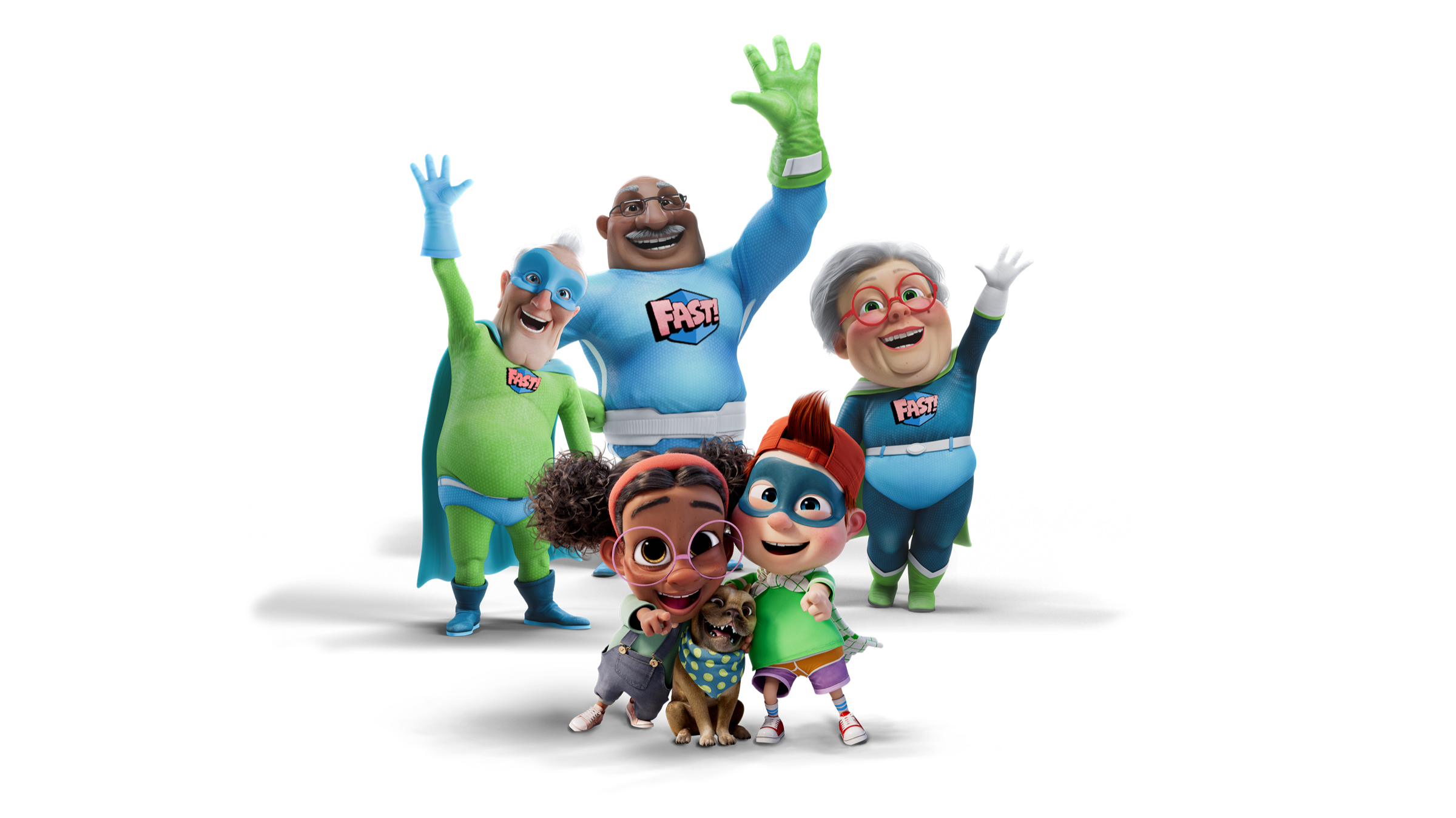La familia de personajes de FAST Héroes saludando